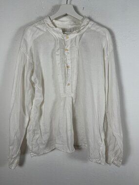 CP Shades White Linen Henley Top Long Sleeve Popover Shirt Boho Lagenlook Medium